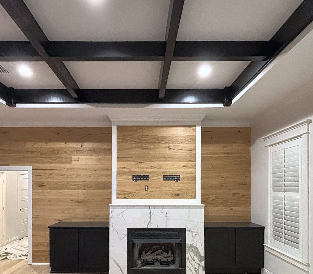 Living room coffered ceiling beams